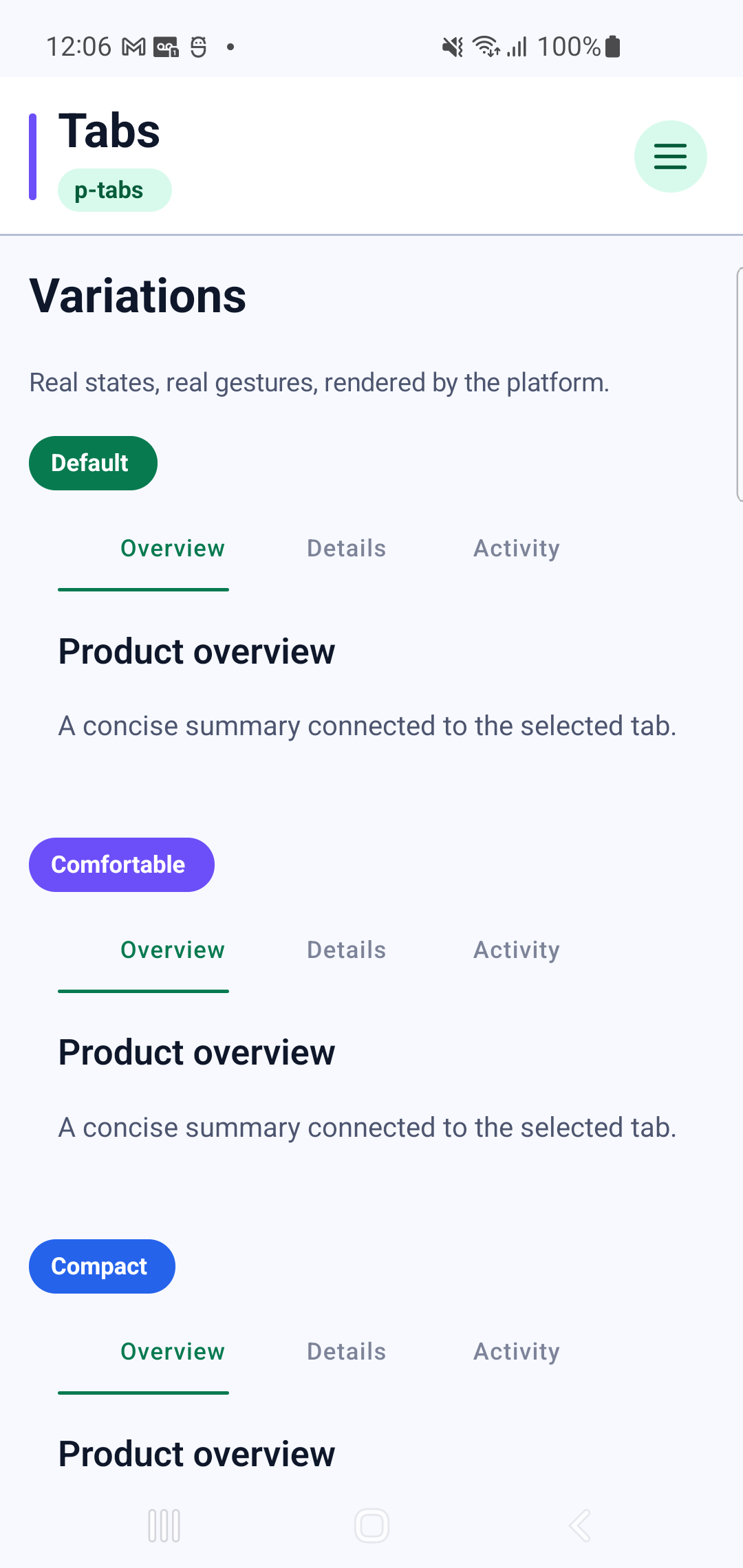 p-tabs rendered by PAM Native UI on a physical Samsung Android device