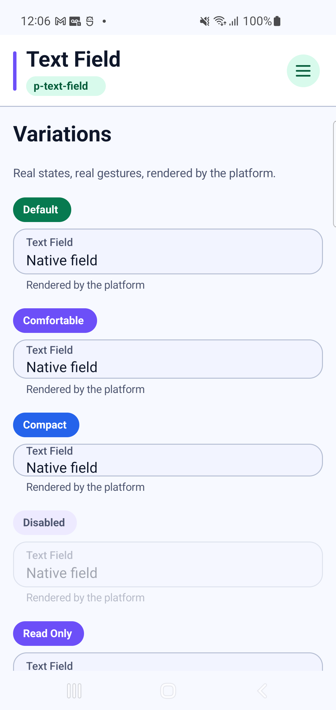 p-text-field rendered by PAM Native UI on a physical Samsung Android device