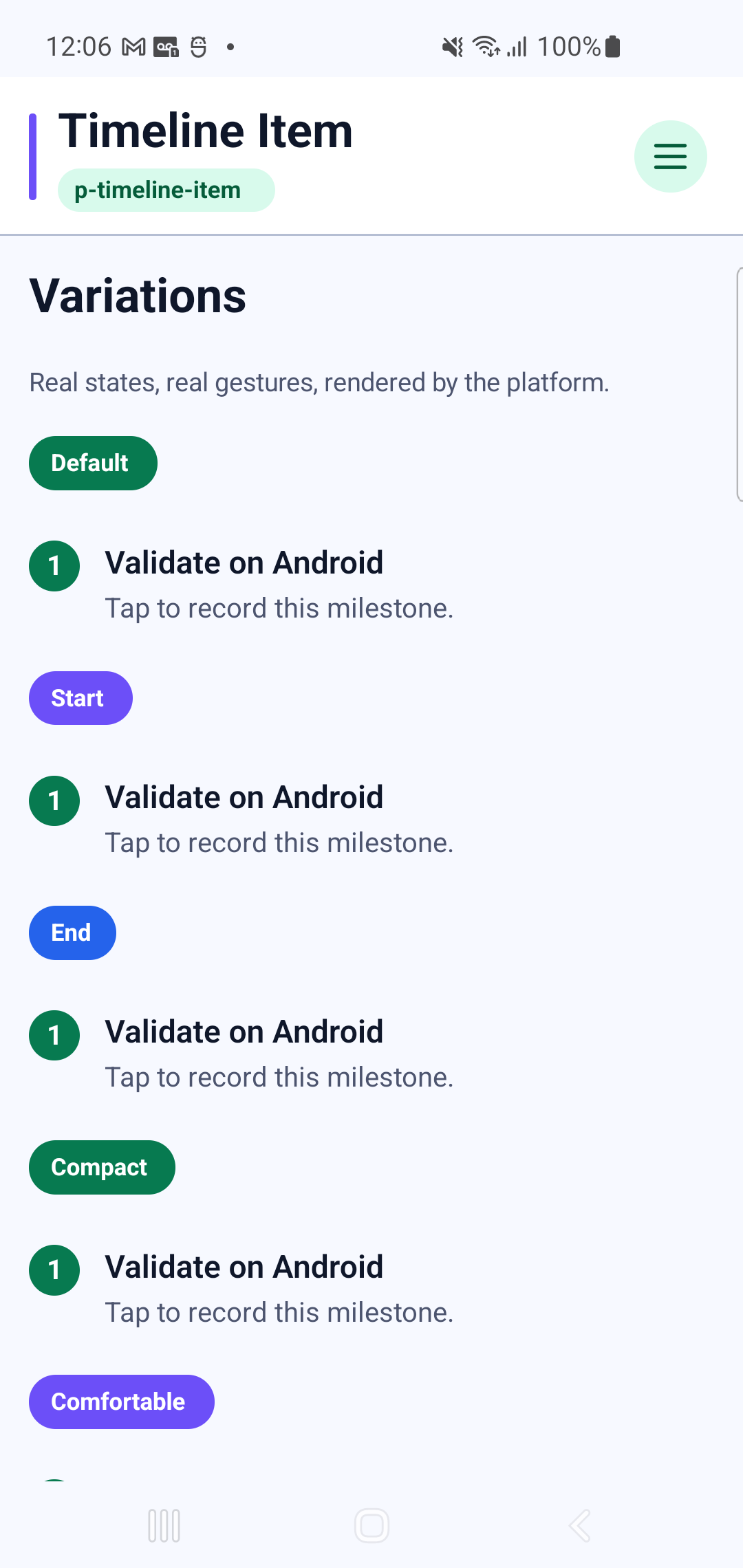 p-timeline-item rendered by PAM Native UI on a physical Samsung Android device