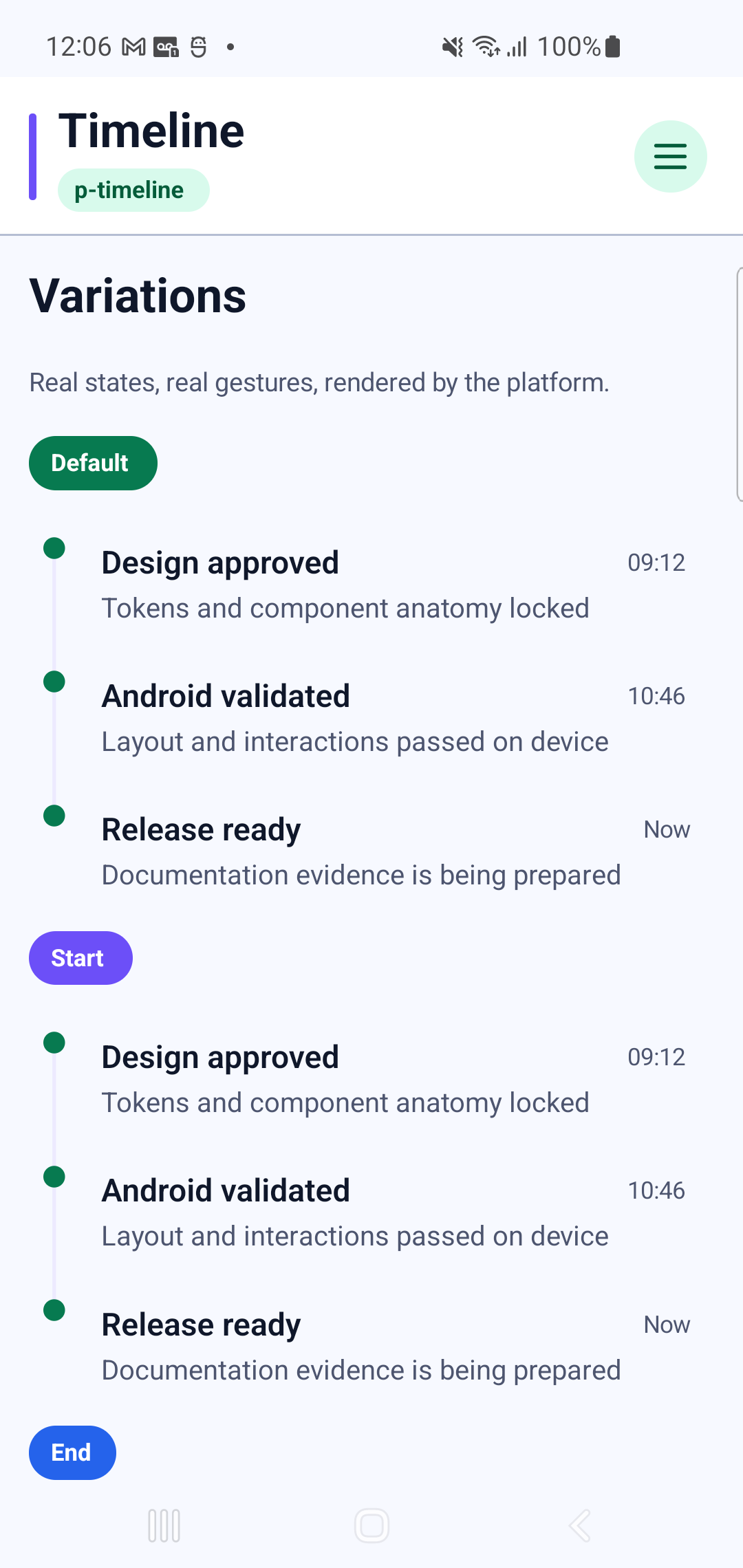 p-timeline rendered by PAM Native UI on a physical Samsung Android device