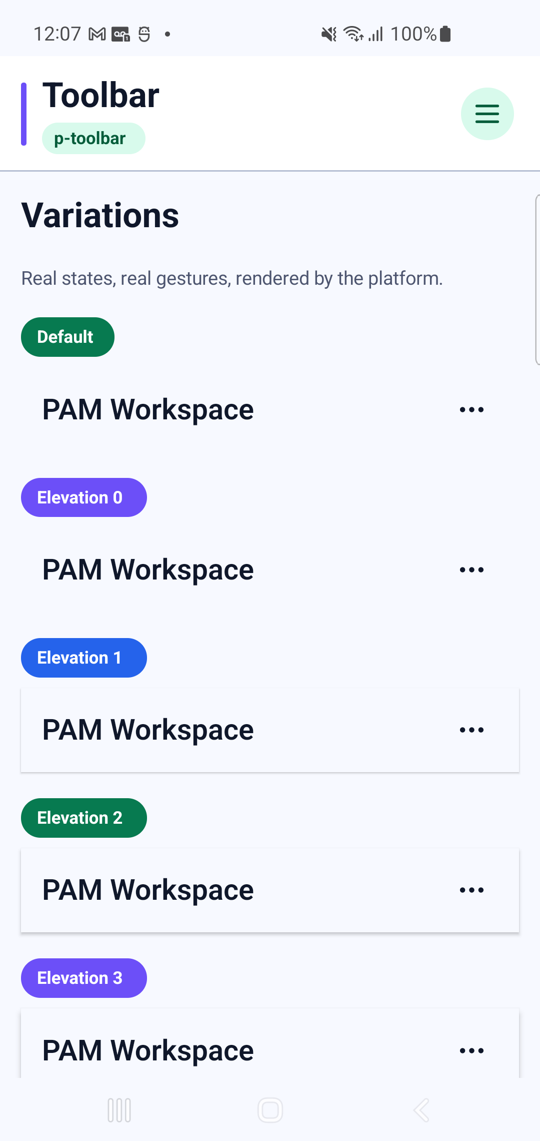 p-toolbar rendered by PAM Native UI on a physical Samsung Android device