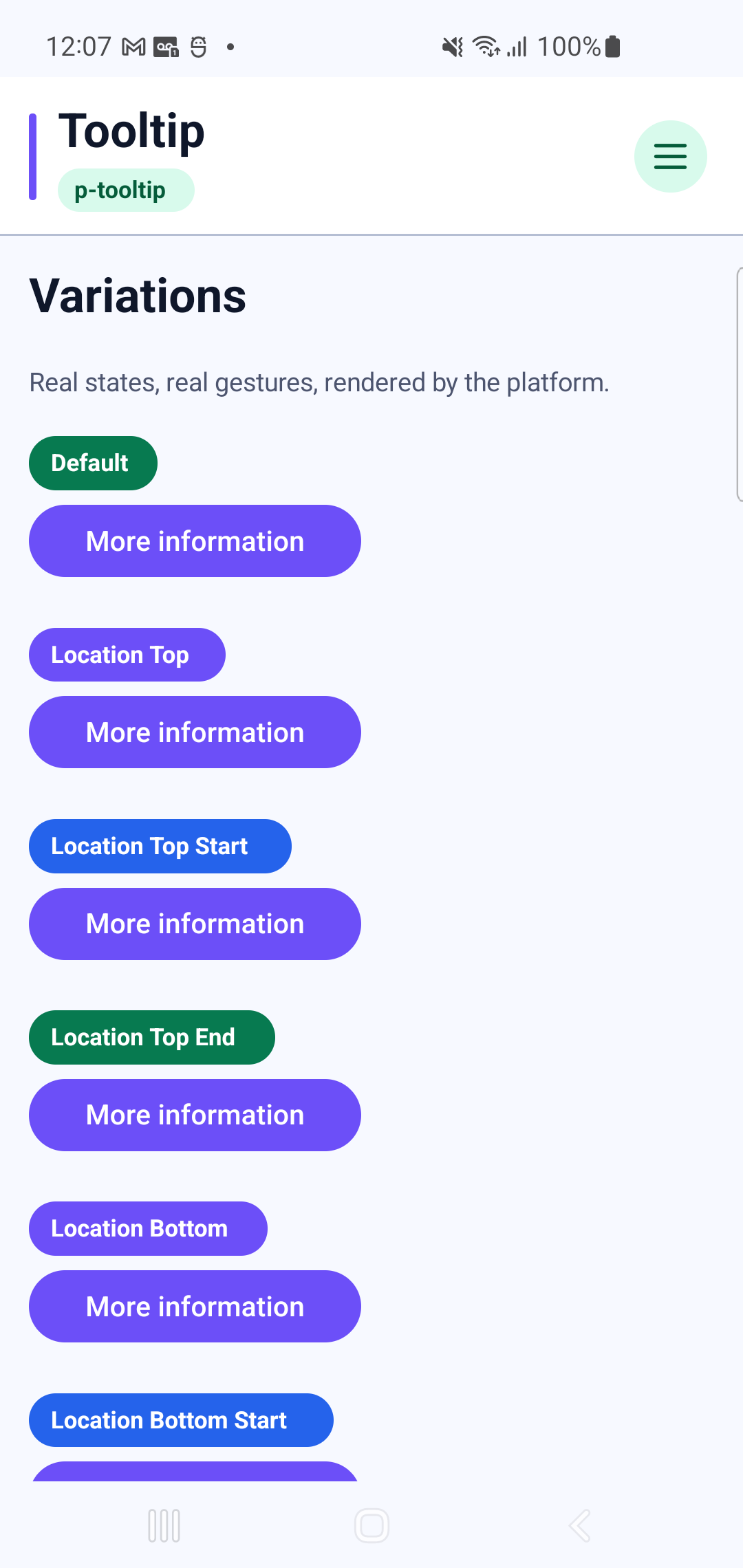 p-tooltip rendered by PAM Native UI on a physical Samsung Android device