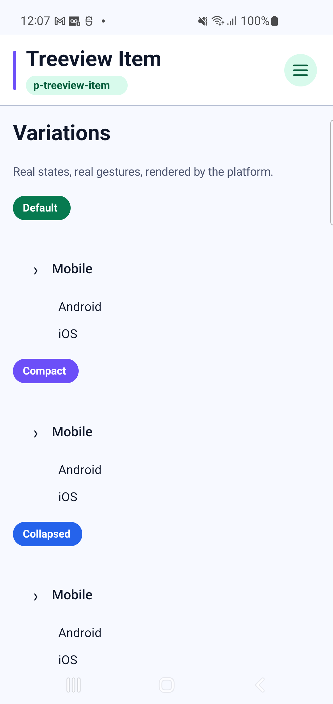 p-treeview-item rendered by PAM Native UI on a physical Samsung Android device