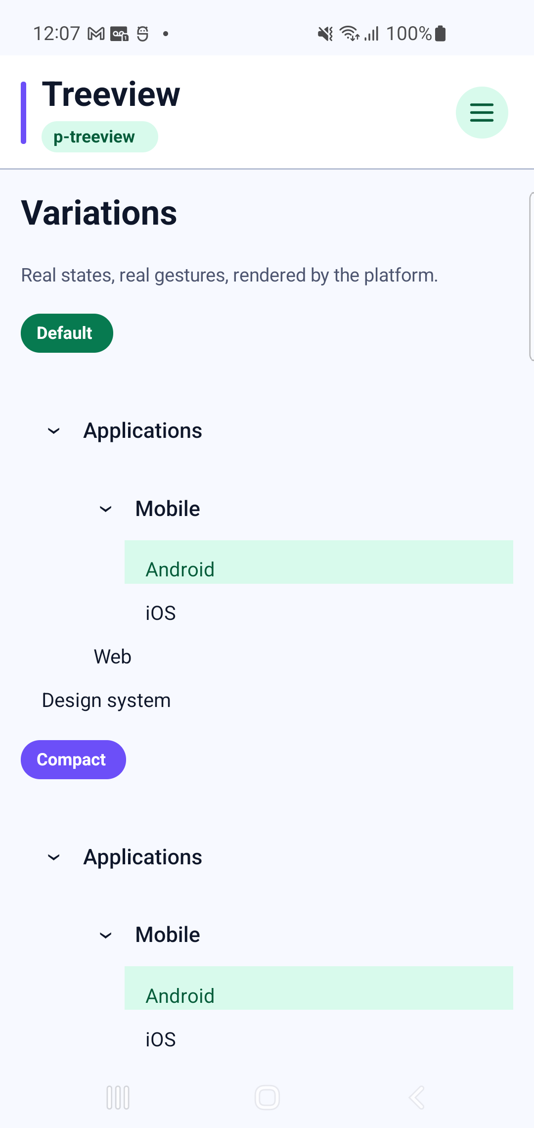 p-treeview rendered by PAM Native UI on a physical Samsung Android device